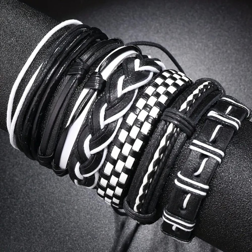 Men's Genuine Leather White & Black Bracelet Set